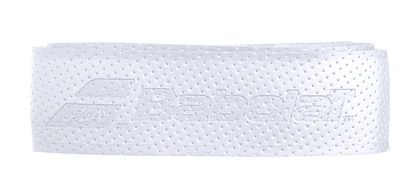 The Babolat Syntec Evo X1 Replacement Badminton Grip in white features a perforated texture for excellent moisture absorption. The iconic Babolat branding is elegantly embossed at the center, providing a comfortable experience during play.