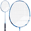 The Babolat Satelite Spire Badminton Racket - Blue by Babolat is depicted from two perspectives. The close-up emphasizes its distinctive string pattern and head design, while the full depiction reveals the entire length of the racket, including its elegant black grip handle.