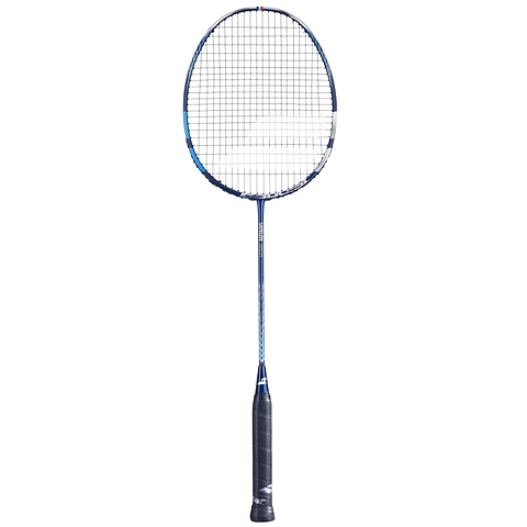 The Babolat Satelite Origin Badminton Racket, featuring a blue handle and white strings, provides outstanding precision and easy maneuverability, beautifully showcased on a white background.