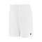 The K-Swiss Hypercourt Men's 7 Inch Badminton Shorts in white feature an elastic waistband and a subtle black logo near the hem of one leg. These shorts ensure comfort with their 4-way density stretch fabric, and the deep side pockets enhance the sleek design against a plain white backdrop.