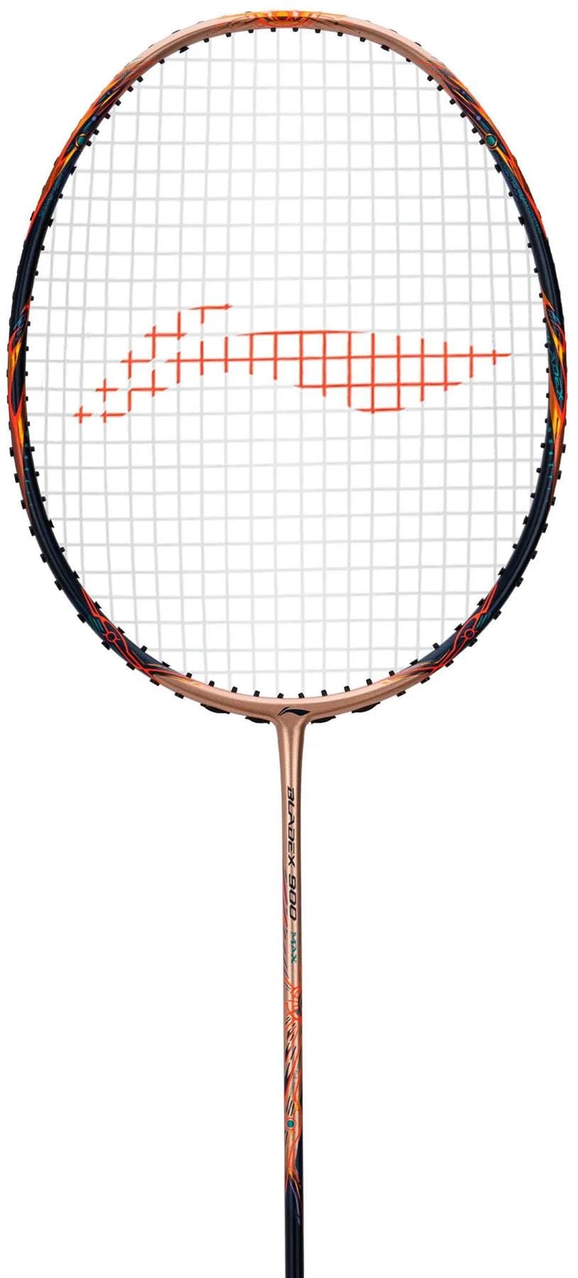 The Li-Ning BladeX 900 Sun Max 3U Badminton Racket - Red Copper features a red copper frame, striking graphics along the shaft, and Li-Ning’s HDF Shock Absorbing System for enhanced performance.