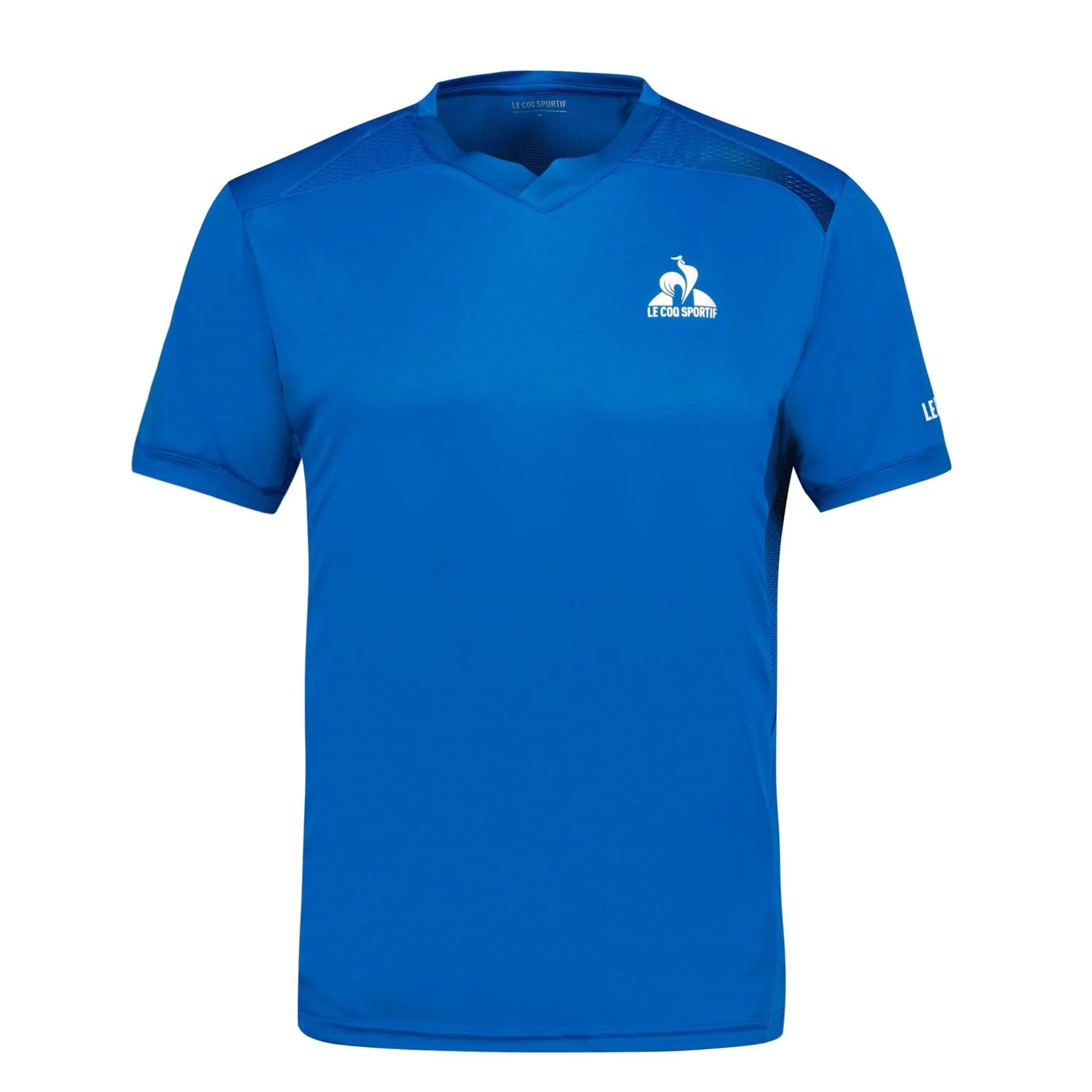 The Le Coq Sportif Pro Men's Badminton T-Shirt in lapis blue features a v-neck, short sleeves, and logo detailing on the chest and sleeve. Made from breathable material for comfort during play.