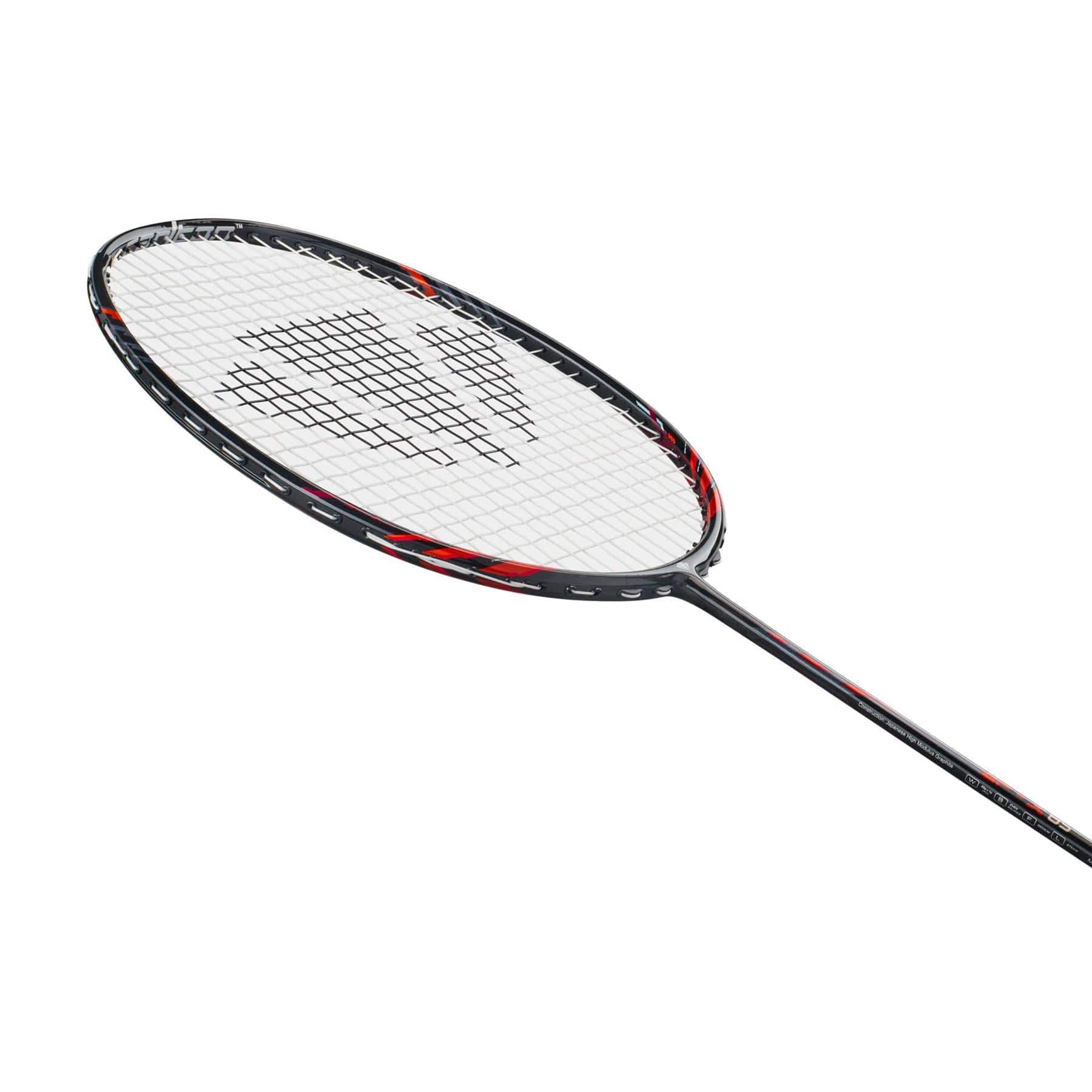 A close-up of the Carlton GP-X 85 3U Badminton Racket by Carlton, featuring a black and red frame, white strings, and a logo on the string bed, set against a plain white background.