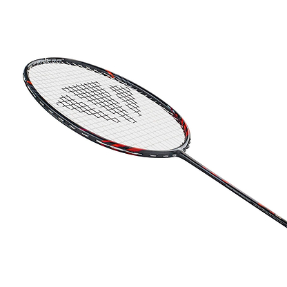 A close-up of the Carlton GP-X 85 3U Badminton Racket by Carlton, featuring a black and red frame, white strings, and a logo on the string bed, set against a plain white background.