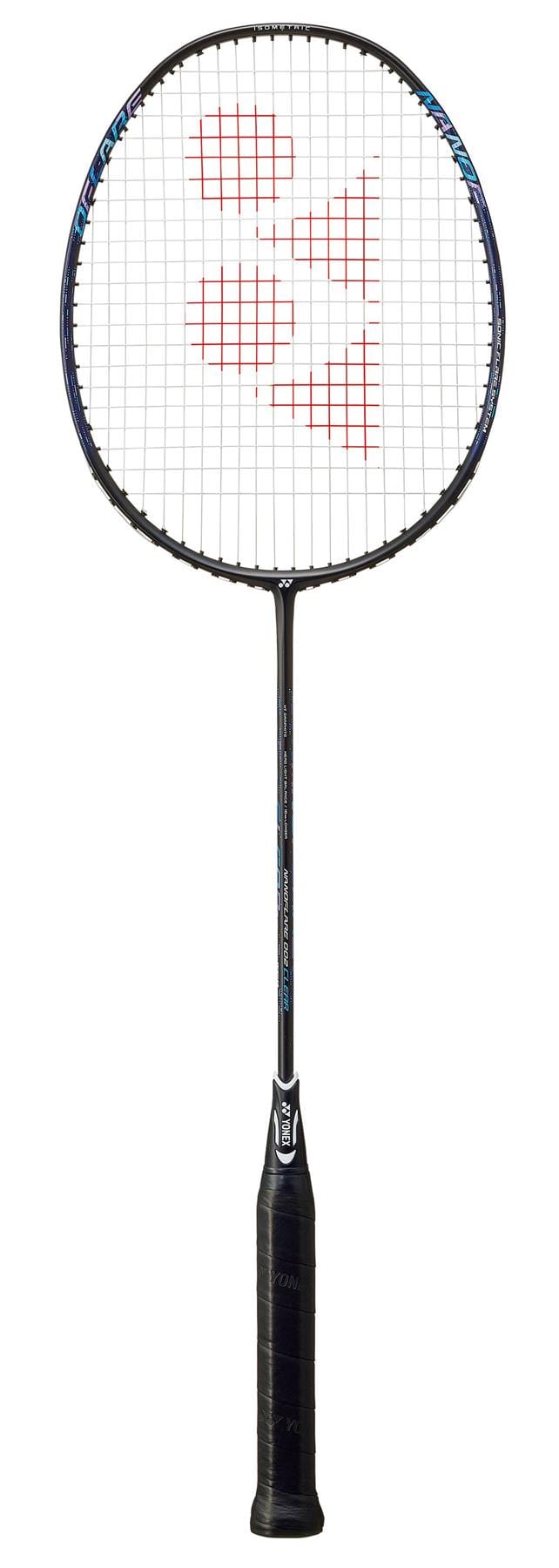 A Yonex Nanoflare 002 Clear 4U Badminton Racket in black and blue, featuring a head-light design and a red Yonex logo on the strings, is displayed vertically against a white background.