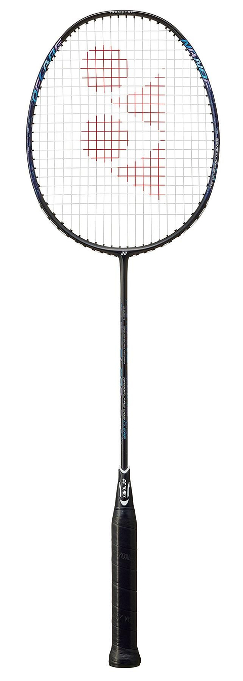 A Yonex Nanoflare 002 Clear 4U Badminton Racket in black and blue, featuring a head-light design and a red Yonex logo on the strings, is displayed vertically against a white background.