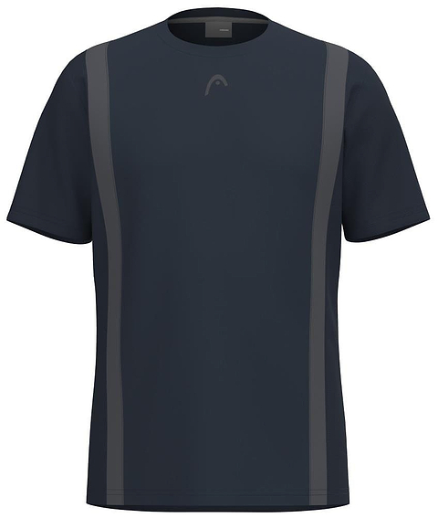 The HEAD Club Tech 25 Mens Badminton T-Shirt in navy features short sleeves, two vertical gray side stripes, a small gray logo by the neckline, and breathable moisture transfer microfiber for comfort on the court.