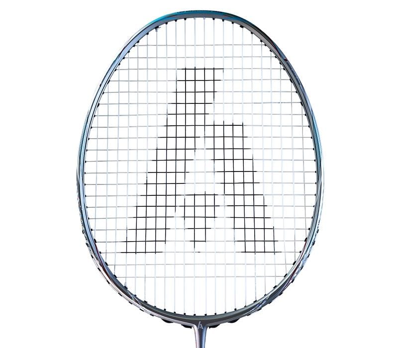 The Ashaway Phantom Shard 5 5U Badminton Racket - Blue boasts a distinctive "A" pattern on its strings with Shardtech technology, featuring a sleek frame that combines innovation with elegance.