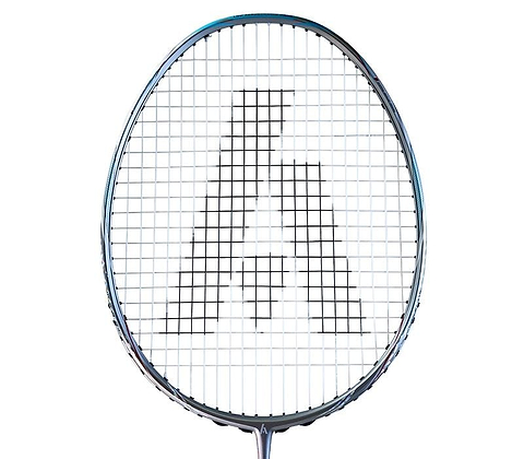 The Ashaway Phantom Shard 5 5U Badminton Racket - Blue boasts a distinctive "A" pattern on its strings with Shardtech technology, featuring a sleek frame that combines innovation with elegance.