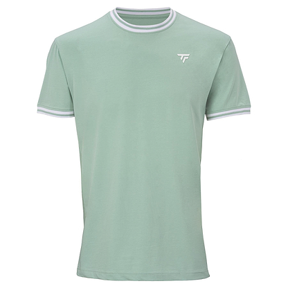 The Tecnifibre Team Stretch Men's Badminton T-Shirt in sage green features white and grey trim on the collar and cuffs, is made from soft organic cotton, and has a small white logo on the left chest.