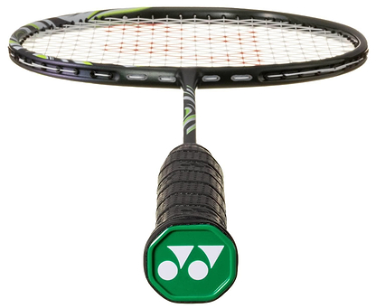 Close-up of the Yonex Astrox 100 Tour VA Viktor Axelsen 4U Badminton Racket in Olive Green, featuring the Yonex logo on the handle and strings—part of the Viktor Axelsen Signature series.