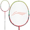 The Li-Ning Windstorm 72 Speed 6U Badminton Racket - Light Pink features TB Nano Technology, a white grip, pink and green gradient frame, and tightly strung white strings with a red pattern at the center.