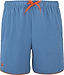 The Babolat Perf Men's Badminton Shorts in Seaport feature an elastic waistband with orange drawstring, side pockets, small orange logo by the left hem, and an orange inner lining—ideal for performance on the badminton court.