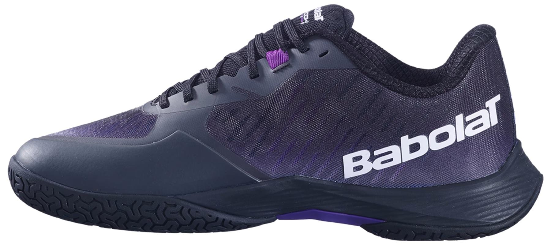 The Babolat Shadow Tour 5 Womens Badminton Shoes in black and purple feature a textured sole and white branding, designed by Babolat for optimal performance on badminton courts.