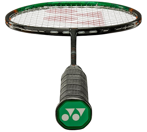 A close-up of the Yonex Astrox 99 Pro Badminton Racket - Black / Green shows the handle end with a green cap and white Yonex logo, while the string bed features a red pattern.