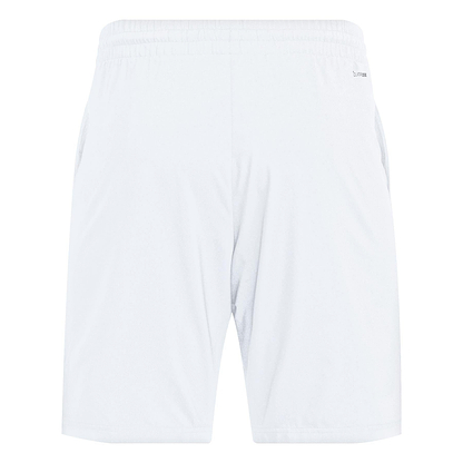 The ADIDAS Men's 3 Stripe Badminton Shorts in white feature an elastic waistband and moisture-wicking comfort, shown from the back.