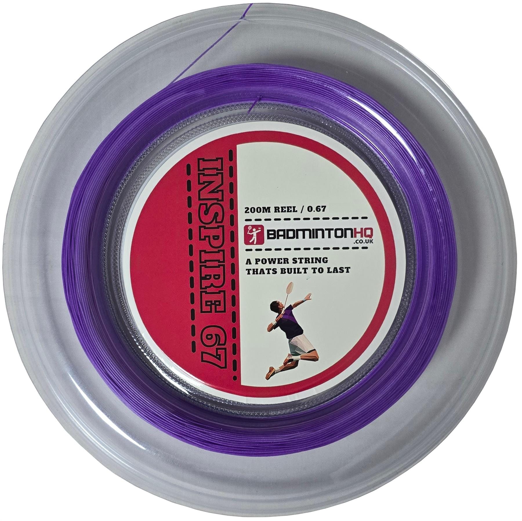 A purple nylon multifilament badminton string "Inspire 67 Zoom" from BadmintonHQ appears on a circular reel. The label highlights a red stripe, a badminton player graphic, and the slogan: "A power string that's built to last.