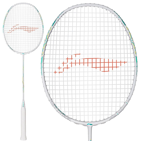 The Li-Ning Axforce 60 4UG6 Badminton Racket in white features an oval head, white grip, and orange logo on the strings, shown in full and close-up views to highlight its advanced FRTP technology.