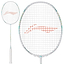 The Li-Ning Axforce 60 4UG6 Badminton Racket in white features an oval head, white grip, and orange logo on the strings, shown in full and close-up views to highlight its advanced FRTP technology.