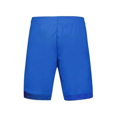 Back view of the Le Coq Sportif Pro Men's Badminton Shorts in Lapis Blue with an elastic waistband, set against a white background. Crafted from breathable material by Le Coq Sportif, these shorts ensure optimal dryness and showcase a minimalist design with no visible patterns or logos.
