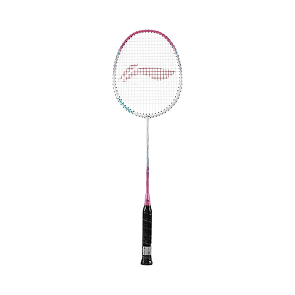 The Li-Ning Axforce 9 3U Badminton Racket in Carmine Rose features a stylish pink and white frame paired with a black handle, along with a distinctive logo on the string bed. This sleek and modern design is enhanced by its head-heavy balance, making it ideal for power players.