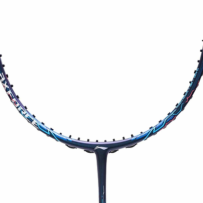 Close-up of a Li-Ning Axforce 90 Dragon Max 4U badminton racket head, ideal for advanced players, showcasing a sleek blue frame with visible string holes, set against a plain white background.