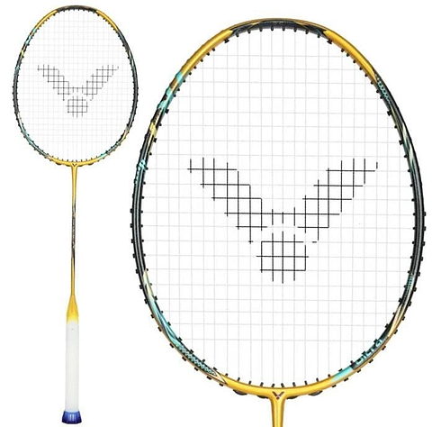 The Victor Thruster F C Ultra X Badminton Racket by Victor, shown in gold with a head-heavy balance, features a white grip and a black logo on the strings; images include both full view and close-up of the racket head.