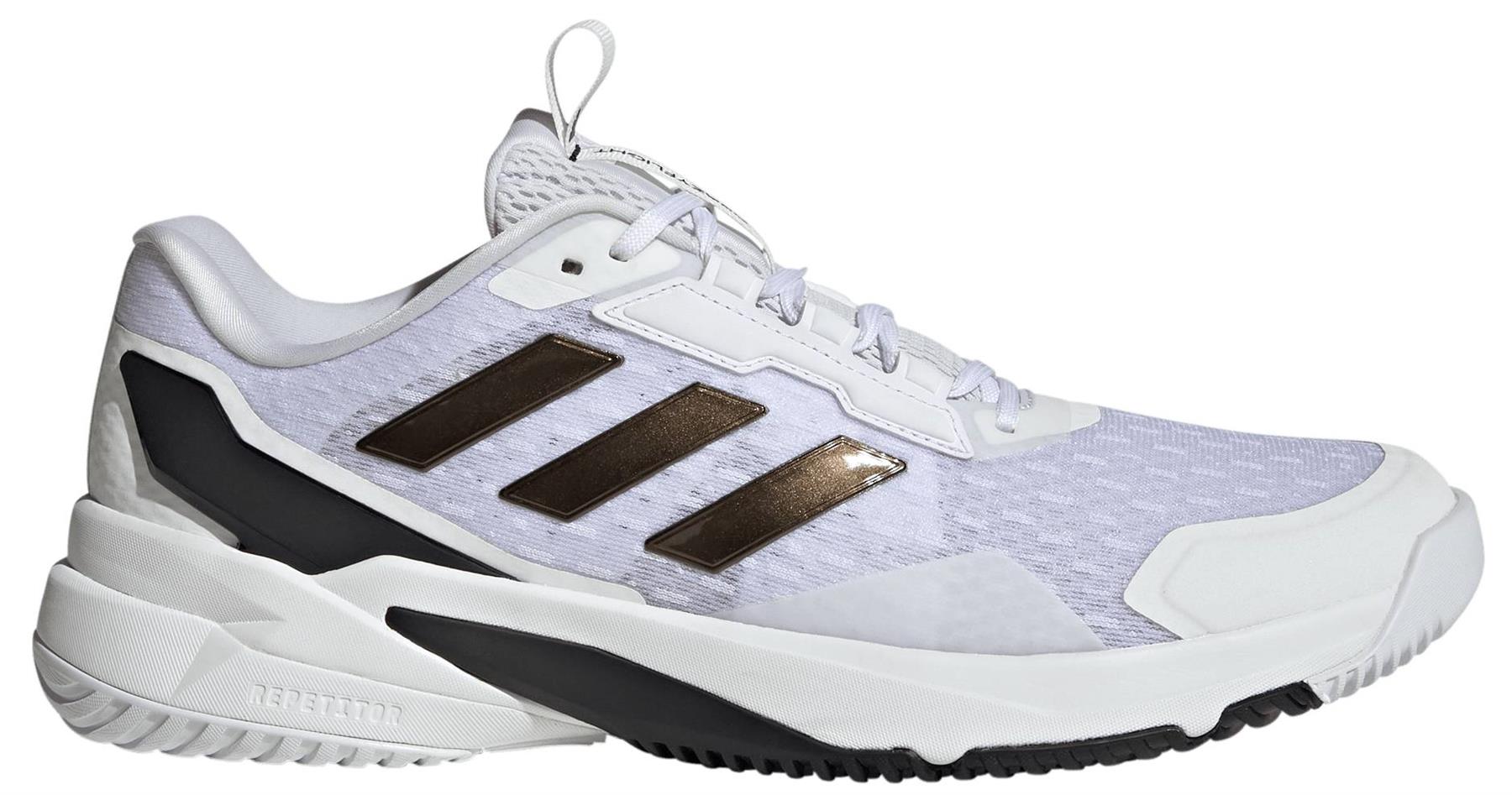 The adidas Crazyflight 6 Men's Indoor Badminton Shoes in white feature metallic gold stripes, black sole accents, and a textured mesh upper—ideal for stylish performance on the court.