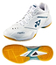 The Yonex Power Cushion 65Z4 Mens Badminton Shoes in white feature blue logo accents, a yellow rubber sole, and lace-up design. Shown from top and bottom views, they highlight tread patterns—perfect for advanced badminton players.