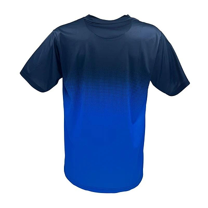 The Yonex YTM5 Men's Badminton T-Shirt by Yonex is a performance-driven short-sleeve tee with moisture-wicking fabric and a striking gradient design, transitioning from dark navy at the top to bright royal blue at the bottom, highlighted from the back.