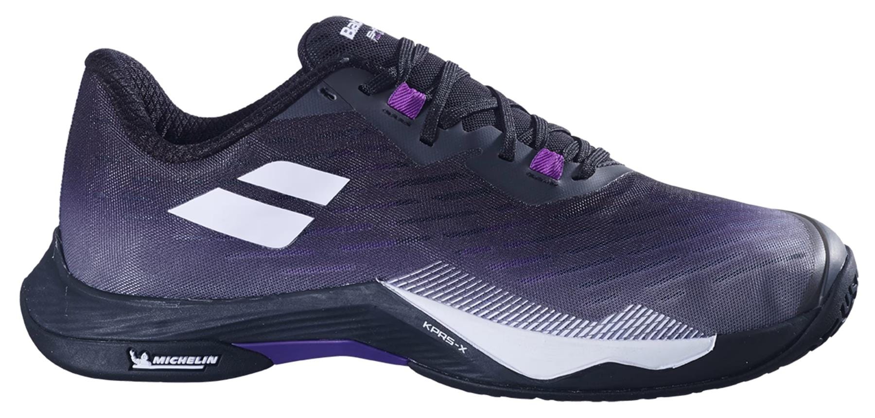 The Babolat Shadow Tour 5 Womens Badminton Shoes in black and purple feature white accents, black laces, a Michelin sole, and are ideal for training or matches on the badminton court.