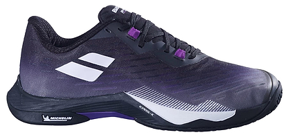 The Babolat Shadow Tour 5 Womens Badminton Shoes in black and purple feature white accents, black laces, a Michelin sole, and are ideal for training or matches on the badminton court.
