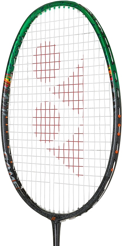 A close-up of the Yonex Astrox 99 Game 4U Badminton Racket in Black/Green, featuring white strings, a red geometric center design, and Yonex's Rotational Generator System for enhanced performance.