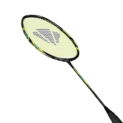 The Carlton Tru-Storm FS 2000 Badminton Racket in black and yellow, with a yellow-stringed head, black frame with yellow and green accents, and a black handle, is ideal for beginners and shown against a white background.