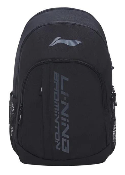 The Li-Ning Sporty Badminton Backpack - Black showcases a sleek, minimalist design with "Li Ning Badminton" in silver on the front pocket. It features side mesh pockets, a top zippered compartment, and padded straps for comfort.