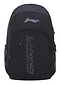 The Li-Ning Sporty Badminton Backpack - Black showcases a sleek, minimalist design with "Li Ning Badminton" in silver on the front pocket. It features side mesh pockets, a top zippered compartment, and padded straps for comfort.