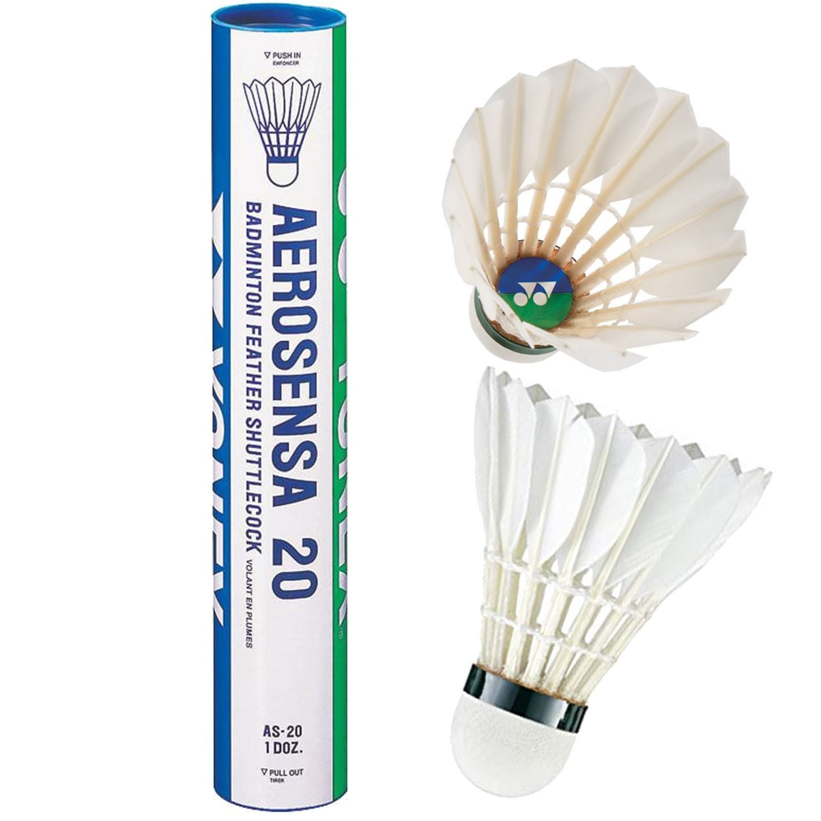 The Yonex Aerosena AS20 Badminton Feather Shuttles come in a set of 12 and feature a solid cork base. Outside the tube, one shuttlecock displays its white feathers and durable build.