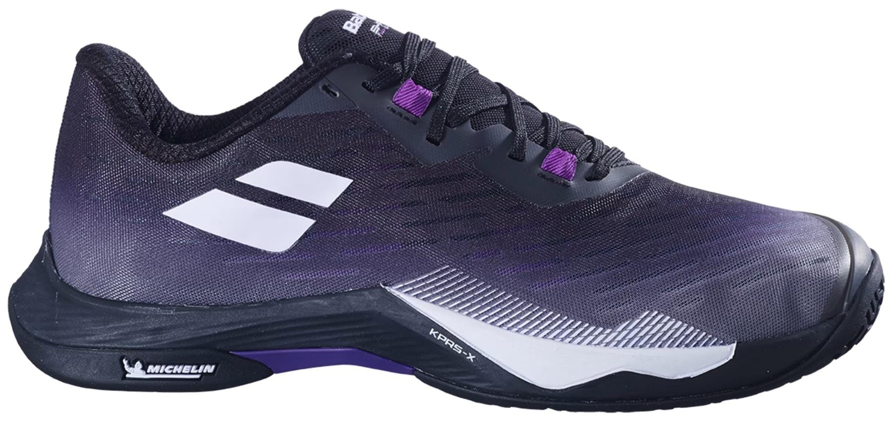 The Babolat Shadow Tour 5 Men's Badminton Shoes in Black/Purple feature a breathable, lightweight indoor court design with black laces, white details, purple accents, and a Michelin logo on the black sole for secure fit and agility.
