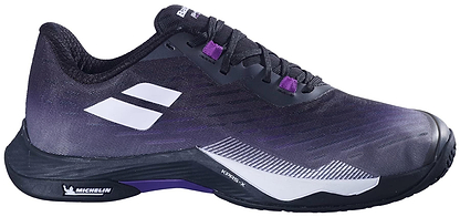 The Babolat Shadow Tour 5 Men's Badminton Shoes in Black/Purple feature a breathable, lightweight indoor court design with black laces, white details, purple accents, and a Michelin logo on the black sole for secure fit and agility.