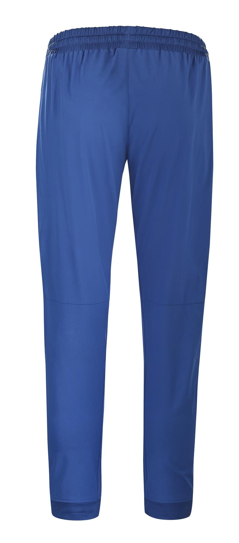 The Babolat Play Men's Badminton Pants in Sodalite Blue, showcased from the back, feature an elastic waistband. Made by Babolat from stretchable fabrics, these pants offer a smooth texture and straight legs that taper slightly toward the bottom.