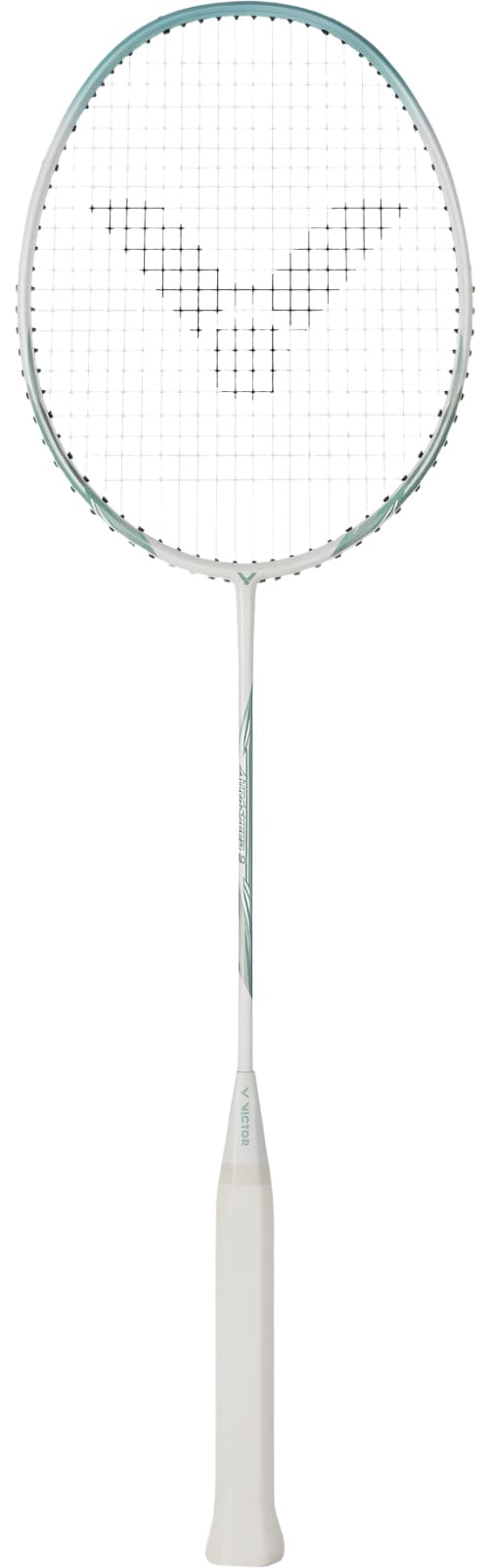 The Victor Auraspeed 9 R 4U Badminton Racket, ideal for beginner/intermediate players, features a white handle accented with teal on the shaft and has an intricate string pattern against a plain white background.