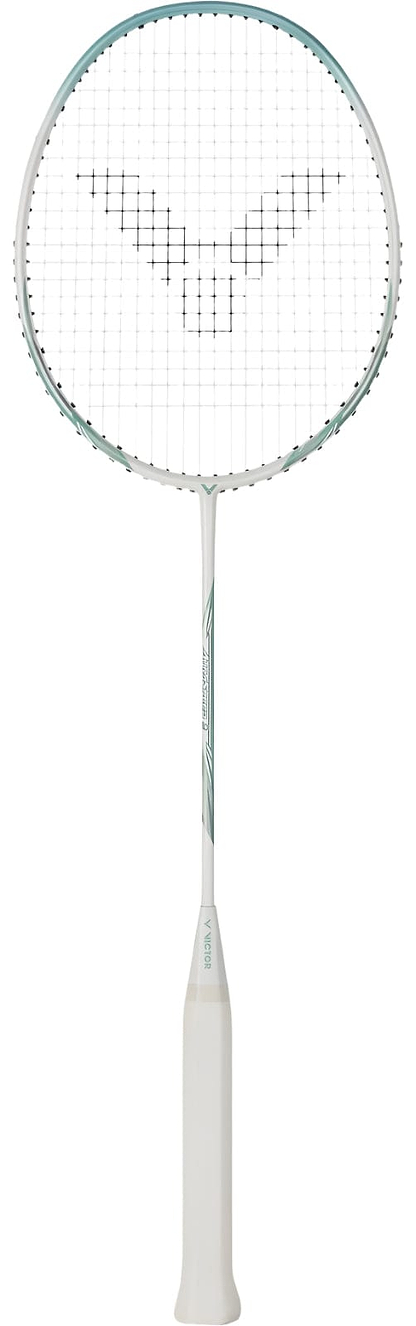 The Victor Auraspeed 9 R 4U Badminton Racket, ideal for beginner/intermediate players, features a white handle accented with teal on the shaft and has an intricate string pattern against a plain white background.