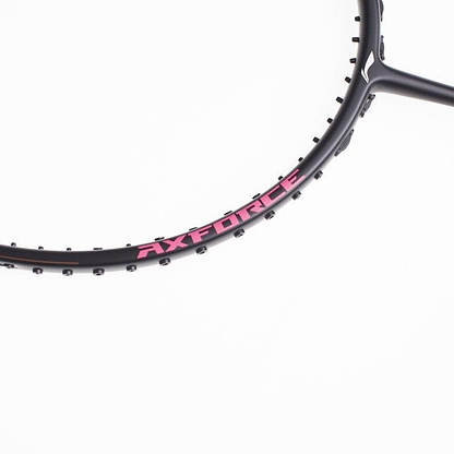 A close-up of the Li-Ning Axforce 80 4U Badminton Racket - Black, featuring "AXFORCE" in pink on the frame and advanced Li-Ning technology, shown against a plain white background.