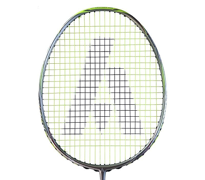 The Ashaway Phantom Shard 4 4U Badminton Racket features black strings in a striking "A" design at the center, with its carbon fiber frame shining silver and green on a white background.