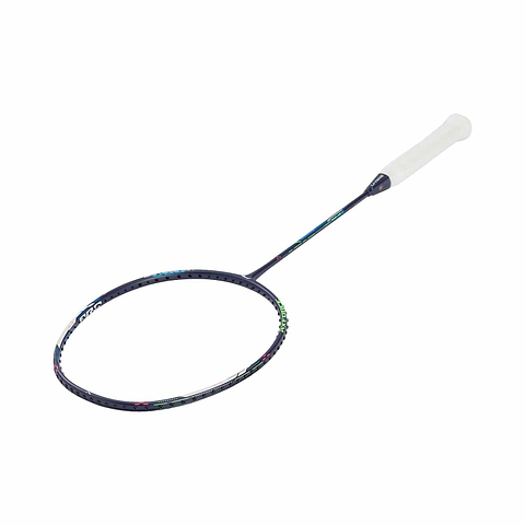 The Li-Ning Axforce Cannon Pro 4U badminton racket features a blue design with a white grip, enhanced with colorful accents on the black frame. Set against a simple white background, this racket includes a Shock Absorption System for improved performance.