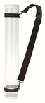 The BadmintonHQ Badminton 50cm Shuttlecock Tube Feeder is a transparent cylindrical tube with black end caps and an adjustable shoulder strap, ideal for carrying shuttlecocks, rolled documents, or artwork.