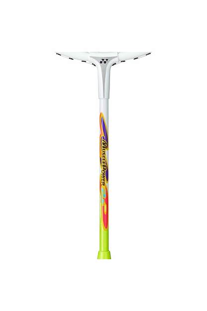 A vibrant badminton racket with a white frame and a lime green grip. The Yonex Muscle Power 2 Junior Badminton Racket flaunts an isometric head shape design, showcasing striking orange and purple graphics along with the "Master Pogo" branding. Ideal for those seeking to elevate their game with the Yonex Muscle Power 2.