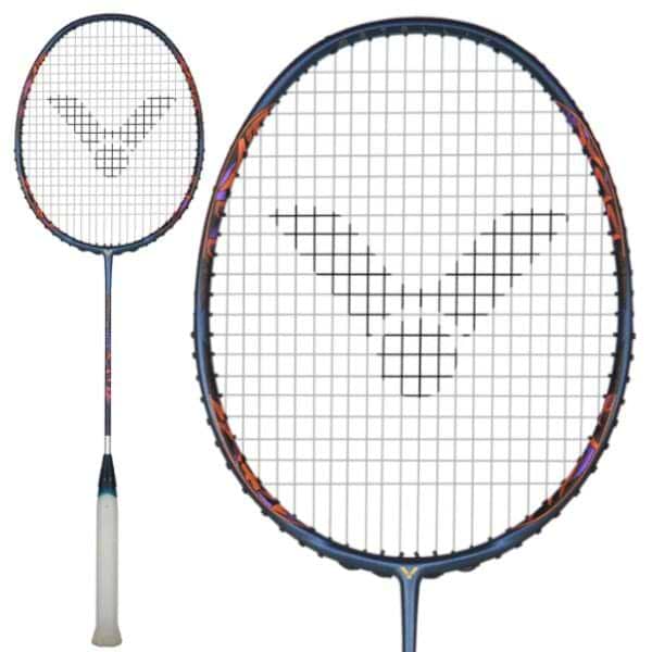 The Victor DriveX 10 Metallic B Badminton Racket by Victor boasts a white handle and a dark frame, highlighted by its distinctive string pattern that forms a logo. Its oval-shaped head presents intricate string tension with vibrant color accents, all bolstered by a Metallic Carbon Shaft for improved performance.