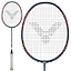 The Victor DriveX 10 Metallic B Badminton Racket by Victor boasts a white handle and a dark frame, highlighted by its distinctive string pattern that forms a logo. Its oval-shaped head presents intricate string tension with vibrant color accents, all bolstered by a Metallic Carbon Shaft for improved performance.