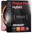 Close-up of the Ashaway Rogue Duo Hybrid Badminton String Set packaging. Emphasizing "Infinite Control, Epic Repulsion," it provides information on the string thickness of 0.68mm and 0.61mm and a length of 10 meters. Made in the USA, this product features a hybrid stringing technology with an eye-catching combination of black and orange strings.